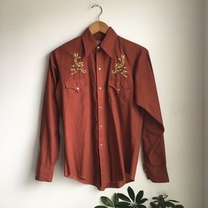 Terracotta Floral Western Embroidered Pearl Snap